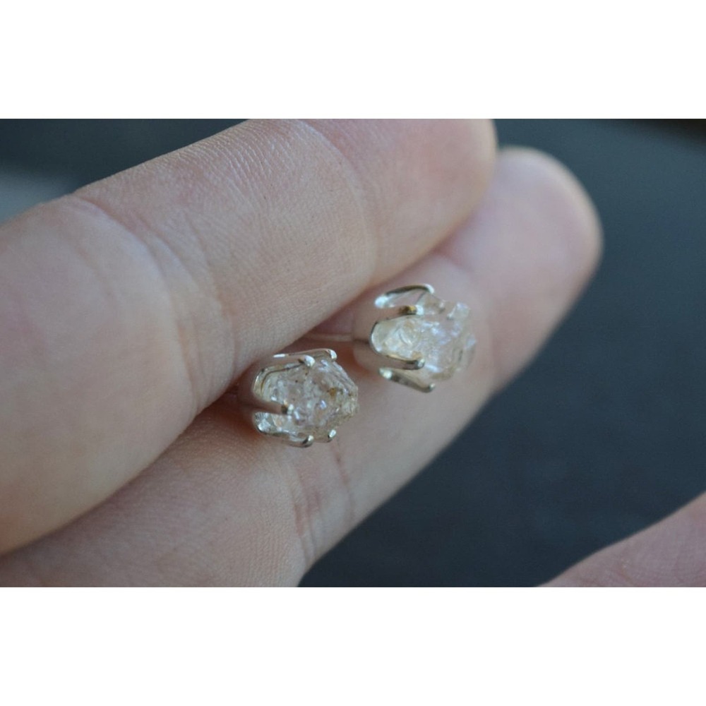 Sterling silver stud earrings, alternative diamond, uncut natural gemsto…